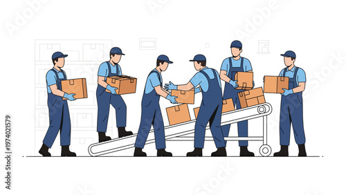 Warehouse Team: A group of diligent workers meticulously handle parcels along a conveyor belt, showcasing seamless coordination and commitment in a streamlined operation. 