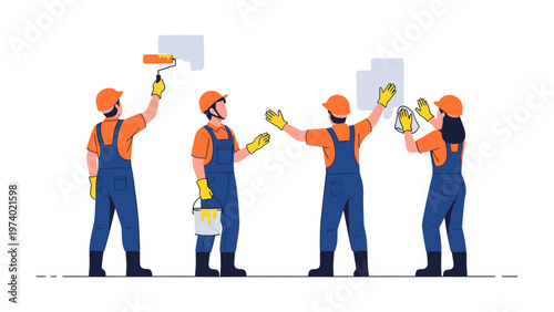 Team of Painters in Action: A dynamic team of skilled painters in uniform, meticulously transforming a surface with their brushes and rollers, embodying the essence of renovation and home improvement.