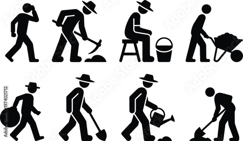 A sequence of icons depicting various gardening and manual labor activities