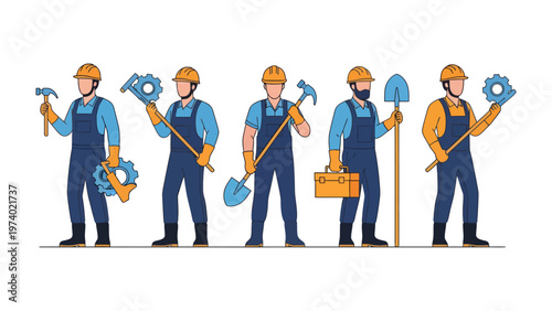 Construction Crew: A team of construction workers, each bearing their essential tools, stand ready for a day of building and progress. A harmonious display of diligence and preparation.