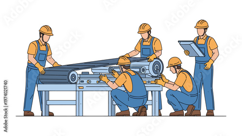 Conveyor belt teamwork : A focused group of workers collaboratively assemble a conveyor belt. The image conveys teamwork, skill, and precision in an industrial environment. 