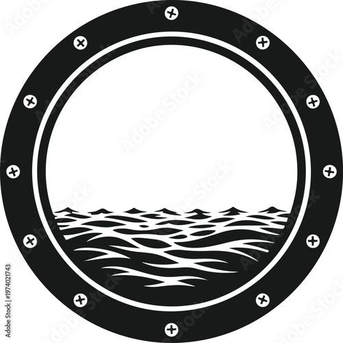 Ship porthole window with ocean waves view, circular frame with bolts, nautical symbol for travel and sea adventure, vintage maritime illustration