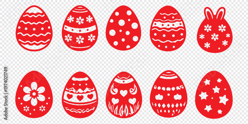 Easter eggs decorated in various colors and patterns isolated on transparent background