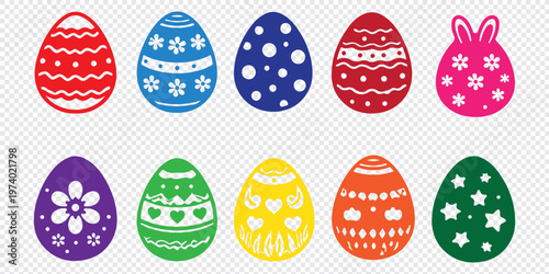 Easter eggs decorated in various colors and patterns isolated on transparent background