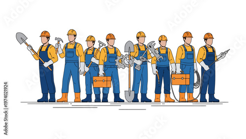 Team of Construction Workers: A cohesive group of construction workers, each carrying essential tools, stands united, ready to tackle any project with expertise and teamwork.