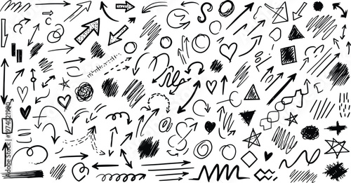 Chaotic collection of hand drawn arrows scribbles and shapes in black ink on white background