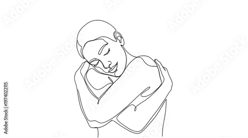 One line sketch of a woman embracing herself symbolizing mental health and self care. Aesthetic silhouette of a faceless woman for self acceptance and inner peace concept.