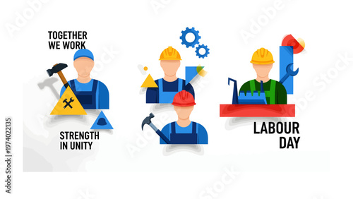 Labour Day Icon Set:  A collection of stylized illustrations celebrates Labour Day with icons symbolizing hard work, strength, and unity, highlighting the values of labour and achievement.