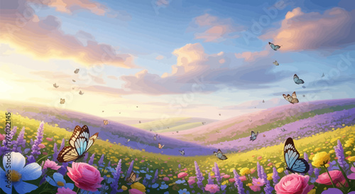 Butterflies flutter over vibrant purple and pink flowers in a serene landscape with rolling hills under a blue sky with clouds at sunset