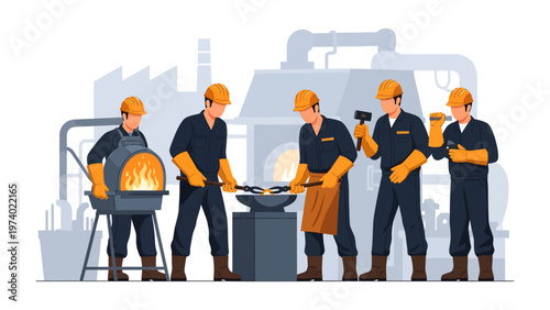 Forge of Industry: A team of skilled artisans works tirelessly in a bustling forge, their faces illuminated by the fiery glow of molten metal, embodying the essence of industry and craftsmanship.