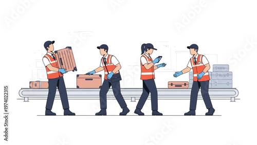 Baggage Handling at Airport: Airport workers diligently handle luggage on a conveyor belt, ensuring efficient processing and safe transport for travelers.