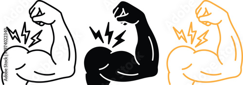 Illustrations of muscular arms flexing with energy bolts in different styles