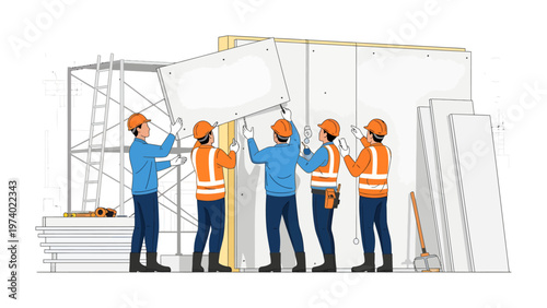 Building Teamwork in Progress: A construction crew collaborates on site, assembling panels with precision and unity, highlighting the dedication and skilled effort involved in building projects.