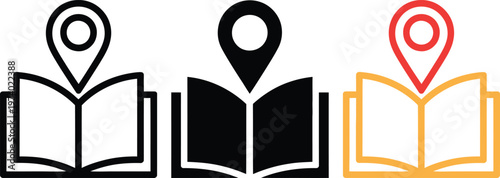 Illustrations of books with map pins symbolizing location-based learning or knowledge discovery