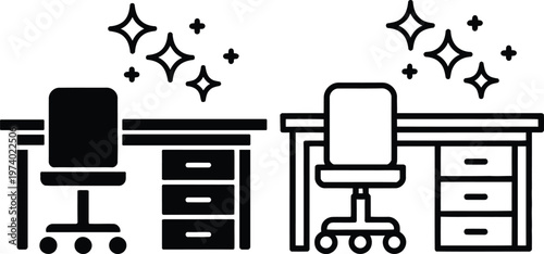 Two office workstations with chairs and filing cabinets under sparkling effects