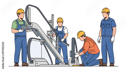 Escalator Installation: A team of skilled technicians meticulously installs and maintains an escalator, showcasing expertise in engineering and infrastructure.