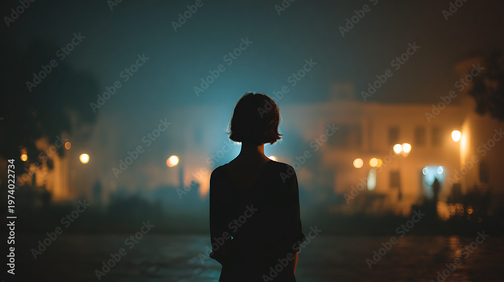 Fototapeta premium A solitary figure stands silhouetted against a foggy, illuminated cityscape at night, evoking a sense of mystery and contemplation