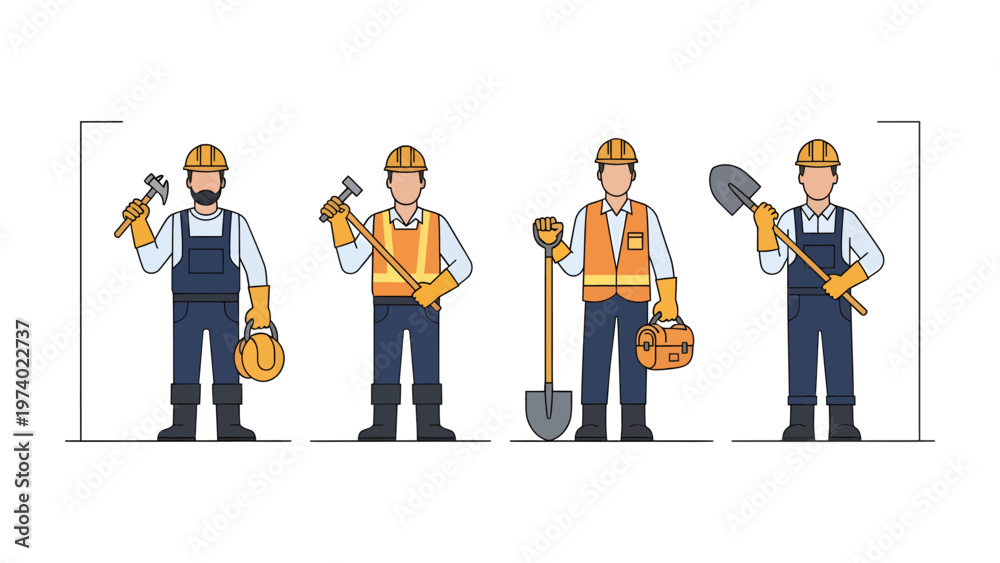 Obraz premium Construction Crew Illustration: A collection of skilled construction workers, each holding essential tools of their trade, stand ready to tackle the tasks.