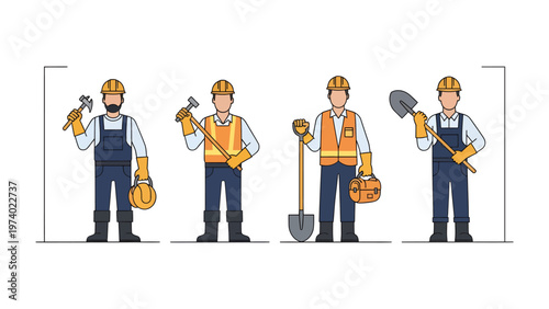 Construction Crew Illustration: A collection of skilled construction workers, each holding essential tools of their trade, stand ready to tackle the tasks.