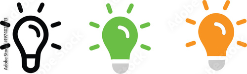 Colorful light bulb icons in black green and orange with rays on white background  symbolizing ideas and innovation