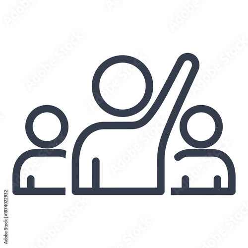 Three people icon with one raising hand in discussion or presentation icon