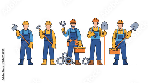Construction Workers: A group of construction workers, each bearing a tool of their trade, stand ready, showcasing the heart and soul of craftsmanship and industry.