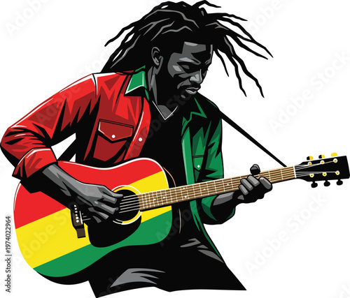 Dynamic illustration of a musician with dreadlocks playing acoustic guitar, performing vibrant reggae music on stage