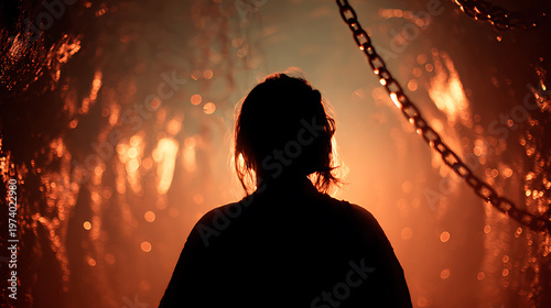 A solitary figure stands silhouetted against an inferno of molten rock and chains, evoking a sense of primal dread and confronting the abyss