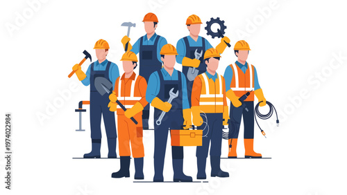 The Engineering Assemblage: An illustration showcasing a team of engineers standing together, each equipped with distinct tools, ready for tasks.
