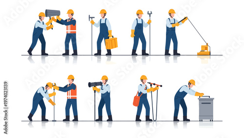 Construction Workers in Action: A comprehensive view of various construction workers engaged in diverse tasks, each embodying precision, hard work.