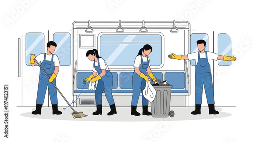 Clean Crew in Transit: A diligent team of sanitation workers diligently sanitizes a transit car, ensuring a clean and hygienic environment for all passengers, with focus on safety.