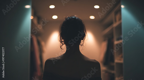 Silhouette of a woman standing in a dimly lit dressing room or closet, facing away from the camera. Warm spotlights illuminate the scene
