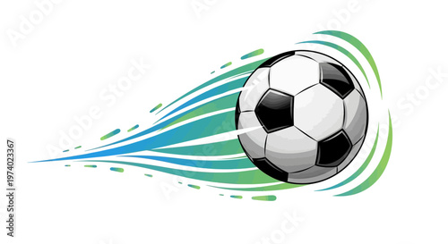 Dynamic graphic illustration featuring a classic black and white soccer ball in swift motion, emphasized by vibrant green and blue curved lines suggesting speed against a pristine white