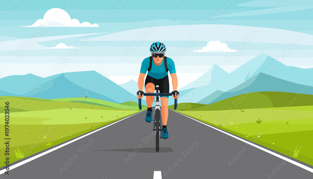 Obraz premium Man rides bicycle on road through green landscape with mountains