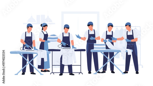 Laundry Day Crew: A group of professional service workers are busy ironing clothes and preparing laundry in a well-organized laundry room, emphasizing efficiency and cleanliness.