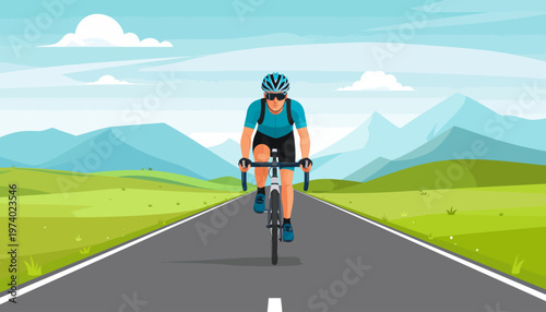 Man rides bicycle on road through green landscape with mountains