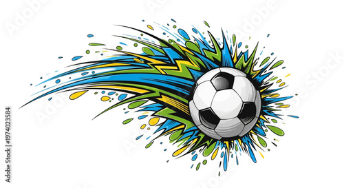 A dynamic vector illustration of a soccer ball in motion, streaking across a white background with vibrant blue, green, and yellow energy trails, creating a sense of speed and excitement