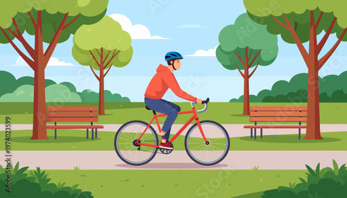 Man riding bicycle on park pathway surrounded by trees and benches