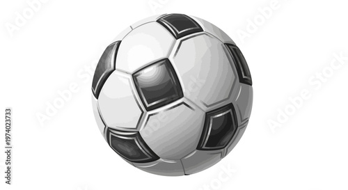 A spherical soccer ball illustration featuring a classic black and white pattern is centered against a clean white background, showcasing a simple and graphic vector design with a sporty
