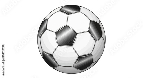 A detailed soccer ball illustration presents a classic geometric pattern with black pentagons and white hexagons, rendered with a clean, precise vector style against a stark white