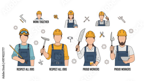 Team of Builders:  Illustration of diverse construction workers with a variety of tools and equipment, emphasizing collaboration and respect in their profession. 