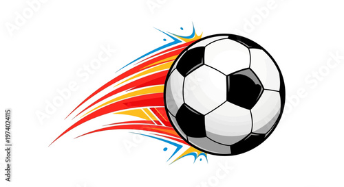 Dynamic graphic illustration showcasing a soccer ball in motion with vibrant red, yellow, and blue streaks, set against a clean white background to emphasize the speed and energy