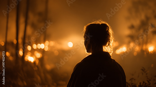 A solitary woman looks out into a hazy, orange-lit landscape at dusk, with glowing orbs of light scattered in the distance. Her silhouette is backlit by the warm glow.
