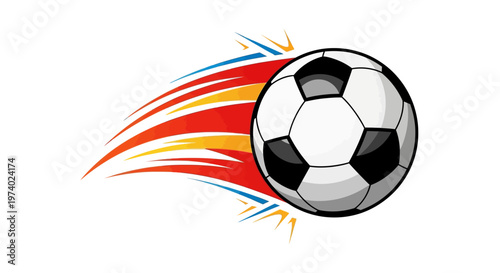 Animated vector illustration of a soccer ball in dynamic motion with a trail of red, orange, and blue streaks, set against a clean white background, conveying speed and energy in a graphic