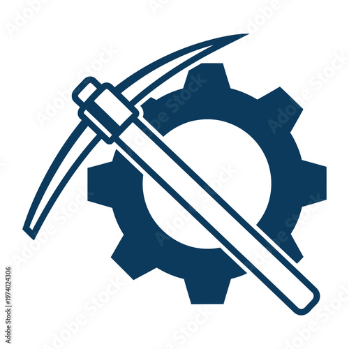 Blue mining pickaxe and gear icon for industry and technology uses icon