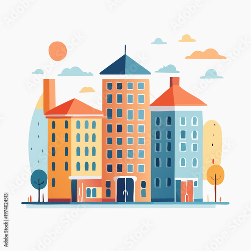 Vibrant cityscape illustration with diverse buildings and cloudy sky