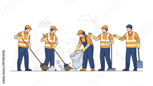 Community Clean-Up Crew: A dedicated team of sanitation workers diligently clearing streets. Illustrated scene of civic duty and community pride.