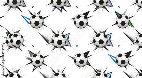 A repeating pattern of three-dimensional soccer balls with spiky geometric shapes emanating from them creates a dynamic and visually striking illustration against a clean white background