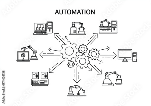 Automation concept with industrial robots and computer systems working together efficiently  modern technology