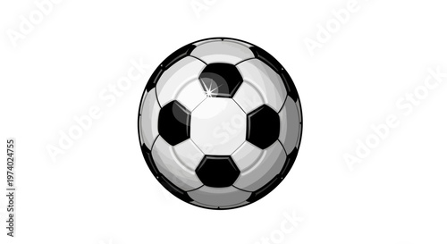 A detailed graphic illustration of a classic soccer ball with a pattern of alternating black pentagons and white hexagons, presented against a stark white background in a flat, graphic